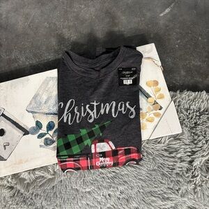 NWT Joy & Grace Festive Adult Christmas Begins with Christ Tee Plaid Red Truck S